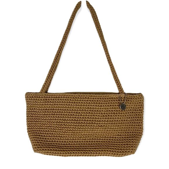 The Sak Handbags - 2000s the SAK Mini Baguette Shoulder Bag Tan Hand Crochet Woven Small Y2K Boho